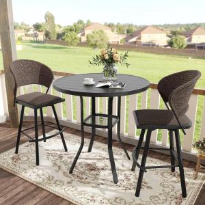 3 Pieces Patio Bar Set for Lawn Garden, 35.5" Bar Height Metal Round Table and 2 Wicker Outdoor Swivel Outdoor Bar Stools