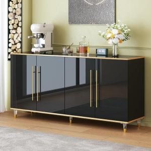 63" Sideboard Buffet Cabinet with Storage,Console Cabinets with Adjustable Shelves & Doors,High Glossy Black and Gold Sideboards