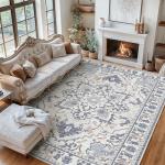 DUMOS 9x12 FT Large Area Rug for Living Room, Machine Washable Low-Pile Rug with Non-Slip Backing, Durable Edge Binding for Bedroom, Dining Room, Vintage Blue