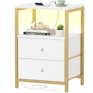 BOLUO Gold Nightstand with Charging Station, LED Night Stand with 2 Fabric Drawers, Bedside Table with USB Ports and Outlets, Nightstand for Bedroom Modern