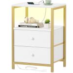 BOLUO Gold Nightstand with Charging Station, LED Night Stand with 2 Fabric Drawers, Bedside Table with USB Ports and Outlets, Nightstand for Bedroom Modern