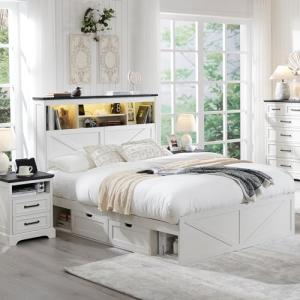 ACCOHOHO Farmhouse Queen Size Bed Frame with 52" Tall Storage Headboard and LED Light,Wood Platform Bed Frame with 4 Drawers and Charging Station,Solid Wood Slats Support,No Box Spring Needed,White