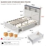 ACCOHOHO Farmhouse Queen Size Bed Frame with 52" Tall Storage Headboard and LED Light,Wood Platform Bed Frame with 4 Drawers and Charging Station,Solid Wood Slats Support,No Box Spring Needed,White