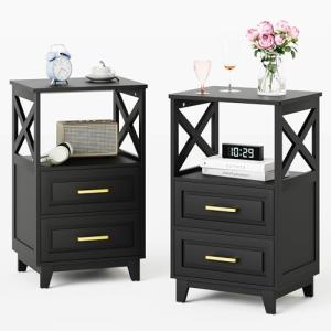May in Color Set of 2 Nightstand with 2 Drawers and Open Shelf, Bedside Table with Solid Feet, Modern Night Stand End Table for Bedroom, Living Room, Home Office, Black