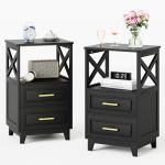 May in Color Set of 2 Nightstand with 2 Drawers and Open Shelf, Bedside Table with Solid Feet, Modern Night Stand End Table for Bedroom, Living Room, Home Office, Black