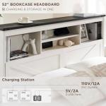 ACCOHOHO Farmhouse Queen Size Bed Frame with 52" Tall Storage Headboard and LED Light,Wood Platform Bed Frame with 4 Drawers and Charging Station,Solid Wood Slats Support,No Box Spring Needed,White