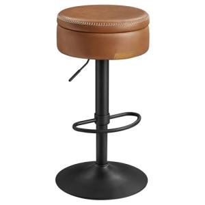 VASAGLE EKHO Collection - 360° Swivel Bar Stool, Height Adjustable Barstool with Storage, Synthetic Leather with Stitching, Mid-Century Modern, Kitchen Bar, Easy Assembly, Caramel Brown