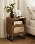 Masupu Rattan Nightstand,Modern Boho Farmhouse Wood Bedside Table with Storage Drawer and Open Shelf,Small Black Frame Side End Table for Bedroom,Living Room,Office (Walnut)