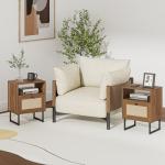 Masupu Rattan Nightstand,Modern Boho Farmhouse Wood Bedside Table with Storage Drawer and Open Shelf,Small Black Frame Side End Table for Bedroom,Living Room,Office (Walnut)