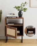 Masupu Rattan Nightstand,Modern Boho Farmhouse Wood Bedside Table with Storage Drawer and Open Shelf,Small Black Frame Side End Table for Bedroom,Living Room,Office (Walnut)