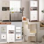 Modern Tall Kitchen Pantry Cabinet with Microwave Stand, Open Countertop, Adjustable Shelves, and Drawers for Efficient Storage