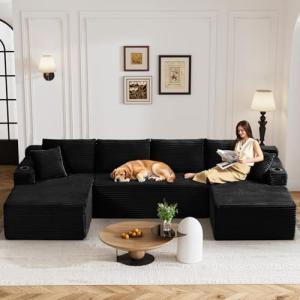 133" Oversized Cloud Boneless Sofa Couch with Chaise, Modern Corduroy U Shaped Modular Sectional Sofa with Deep Seat, Comfy Couch with Cupholders and Storage, No Assembly Required-Black