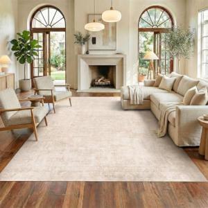 Homemate Washable Rug 8x10 Area Rugs - Vintage Faux Wool Rugs for Living Room Bedroom Dining Room - Non Slip Foldable Carpet Indoor Area Rug for Home Decor（8'x10', Beige