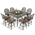10pc Cast Aluminum Outdoor Bar Set 8 Cushioned Swivel Stools 64" Square Table Lazy Susan Umbrella Hole, Customized