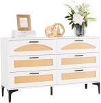 Mericonia 6 Drawer Double Dresser for Bedroom, Wood Rattan Dresser for Closet with Metal Legs, Boho TV Stand with Drawers, Dressers & Chests of Drawers for Bedroom, Hallway and Entryway, White