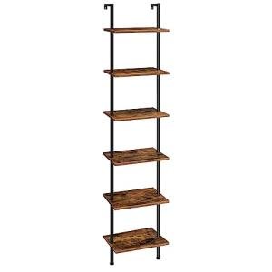 HOOBRO DIY Ladder Shelf, 6-Tier Wooden Wall Mounted Bookshelf, Narrow Bookcase, Display Shelf, Storage Rack, Plant Stand, for Living Room, Bedroom, Study, Balcony, Rustic Brown and Black BF651CJ01