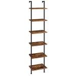 HOOBRO DIY Ladder Shelf, 6-Tier Wooden Wall Mounted Bookshelf, Narrow Bookcase, Display Shelf, Storage Rack, Plant Stand, for Living Room, Bedroom, Study, Balcony, Rustic Brown and Black BF651CJ01