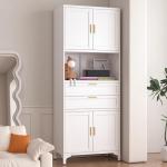 Modern Tall Kitchen Pantry Cabinet with Microwave Stand, Open Countertop, Adjustable Shelves, and Drawers for Efficient Storage