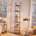 HOOBRO DIY Ladder Shelf, 6-Tier Wooden Wall Mounted Bookshelf, Narrow Bookcase, Display Shelf, Storage Rack, Plant Stand, for Living Room, Bedroom, Study, Balcony, Rustic Brown and Black BF651CJ01