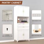 Modern Tall Kitchen Pantry Cabinet with Microwave Stand, Open Countertop, Adjustable Shelves, and Drawers for Efficient Storage