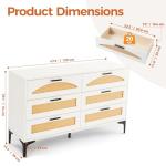 Mericonia 6 Drawer Double Dresser for Bedroom, Wood Rattan Dresser for Closet with Metal Legs, Boho TV Stand with Drawers, Dressers & Chests of Drawers for Bedroom, Hallway and Entryway, White