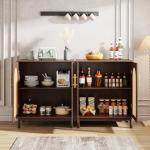 Tribesigns Set of 2 Rattan Sideboard Buffet Cabinet with Storage, 59 Inch Accent Cabinet for Dining Room, Living Room, Kitchen, Rattan and Dark Brown