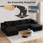 133" Oversized Cloud Boneless Sofa Couch with Chaise, Modern Corduroy U Shaped Modular Sectional Sofa with Deep Seat, Comfy Couch with Cupholders and Storage, No Assembly Required-Black
