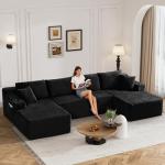 133" Oversized Cloud Boneless Sofa Couch with Chaise, Modern Corduroy U Shaped Modular Sectional Sofa with Deep Seat, Comfy Couch with Cupholders and Storage, No Assembly Required-Black