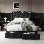Einhomn Queen Bed Frame with 4 Storage Drawers and Charging Station, Upholstered Platform Bed Frame with Storage Headboard, No Box Spring Needed, Easy Assembly, Black