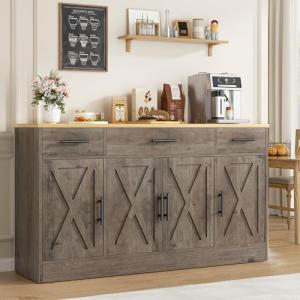 Vongrasig Buffet Cabinet with Drawers, 53” Large Sideboard Buffet Kitchen Storage Cabinet, Modern Farmhouse Coffee Bar with Shelves and Doors, Wood Buffet Table for Kitchen, Dining Room, Ash Grey