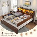 EnHomee King Size Bed Frame with 4 Storage Drawers, King Bed Frame and Headboard with LED Lights & Charging Ports,No Box Spring Needed,NO Noise,Wooden,Brown