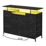 LUMTOK 11 Drawers Dresser with Fabric Drawers,Charging Station, LED Lights and Shelves for Bedroom,Hallway, Storage Organization (Black Wood Veins)
