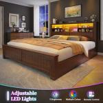 EnHomee King Size Bed Frame with 4 Storage Drawers, King Bed Frame and Headboard with LED Lights & Charging Ports,No Box Spring Needed,NO Noise,Wooden,Brown