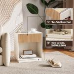 Fluted Nightstands Set of 2, Modern Bedside Table with Drawer and Storage Shelf, Wood End Table Mid Century Night Stands for Bedroom Living Room Sofa Couch Office (White+Oak)