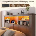 EnHomee King Size Bed Frame with 4 Storage Drawers, King Bed Frame and Headboard with LED Lights & Charging Ports,No Box Spring Needed,NO Noise,Wooden,Brown