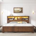 EnHomee King Size Bed Frame with 4 Storage Drawers, King Bed Frame and Headboard with LED Lights & Charging Ports,No Box Spring Needed,NO Noise,Wooden,Brown