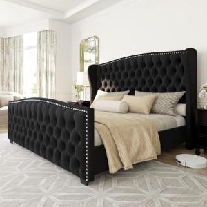 AMERLIFE California King Size Platform Bed Frame, Velvet Upholstered Bed with Deep Button Tufted & Nailhead Trim Wingback Headboard/No Box Spring Needed,Black