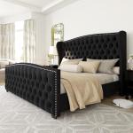 AMERLIFE California King Size Platform Bed Frame, Velvet Upholstered Bed with Deep Button Tufted & Nailhead Trim Wingback Headboard/No Box Spring Needed,Black