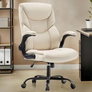DUMOS PU Leather Office Chair - Ergonomic Executive Computer Desk Chairs with Adjustable Flip-up Armrest, Swivel Task Chair with Lumbar Support, Strong Metal Base, Cream White