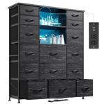 EnHomee 51" H Dresser with 15 Drawers Dresser for Bedroom with Charging Station & LED Lights & Hutch Sturdy Black Bedroom Dressers, Steel Frame, Wood Top, 51.2" H x 39.3" W x 11.8" D