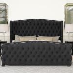 AMERLIFE California King Size Platform Bed Frame, Velvet Upholstered Bed with Deep Button Tufted & Nailhead Trim Wingback Headboard/No Box Spring Needed,Black