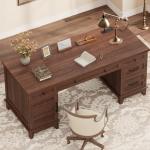 GarveeHome Executive Desk with File Drawers, Farmhouse Home Office Desk with Charging Station, 60 in Wooden Computer Desk with Cabinet Storage for Work Study Writing, Walunt Brown