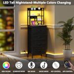 Furnulem Tall Nightstand, LED Night Stand with Charging Station and USB Ports, 4 Fabric Drawers and 4 Tier Storage Shelf, Nightstands Bedside Tables for Bedroom, Dorm, Office (Black Oak)