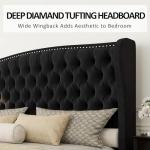 AMERLIFE California King Size Platform Bed Frame, Velvet Upholstered Bed with Deep Button Tufted & Nailhead Trim Wingback Headboard/No Box Spring Needed,Black