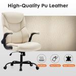 DUMOS PU Leather Office Chair - Ergonomic Executive Computer Desk Chairs with Adjustable Flip-up Armrest, Swivel Task Chair with Lumbar Support, Strong Metal Base, Cream White