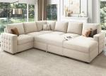 HONBAY Sectional Couch with Pull Out Bed, Sectional Sleeper Sofa with Storage, U Shape Couches for Living Room, Velvet Beige