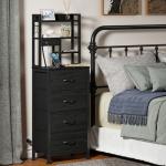 Furnulem Tall Nightstand, LED Night Stand with Charging Station and USB Ports, 4 Fabric Drawers and 4 Tier Storage Shelf, Nightstands Bedside Tables for Bedroom, Dorm, Office (Black Oak)