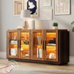 AMERLIFE Sideboard Buffet Cabinet, Mixed Color Accent Cabinet with LED Lights, Modern Glass Doors Storage Cabinets with Adjustable Shelf, Console Table for Dining, Living Room, Barnwood&Brown