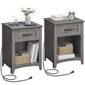 VASAGLE LIRY Collection - Farmhouse Nightstands with Charging Station, Set of 2 Bedside Tables, Side Tables with Drawer, Open Compartment, for Bedroom, Misty Gray ULET859G01