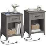 VASAGLE LIRY Collection - Farmhouse Nightstands with Charging Station, Set of 2 Bedside Tables, Side Tables with Drawer, Open Compartment, for Bedroom, Misty Gray ULET859G01